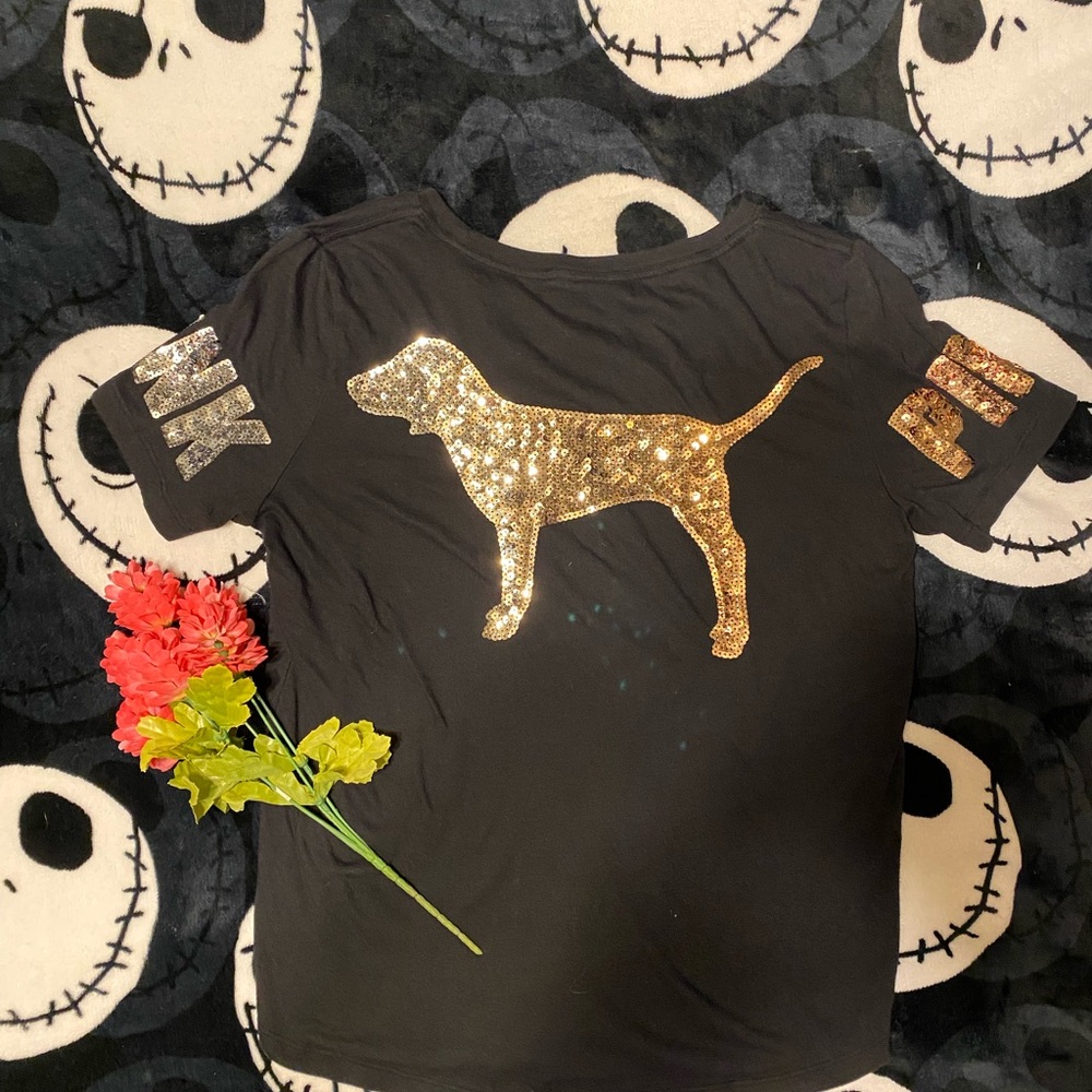 PINK Victoria's Secret Black Tee with Gold Dog Design